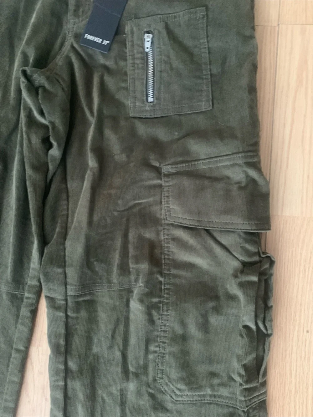 Forever 21 Olive Green Corduroy Straight Leg Cargo Pants Hippie Elastic Waist S